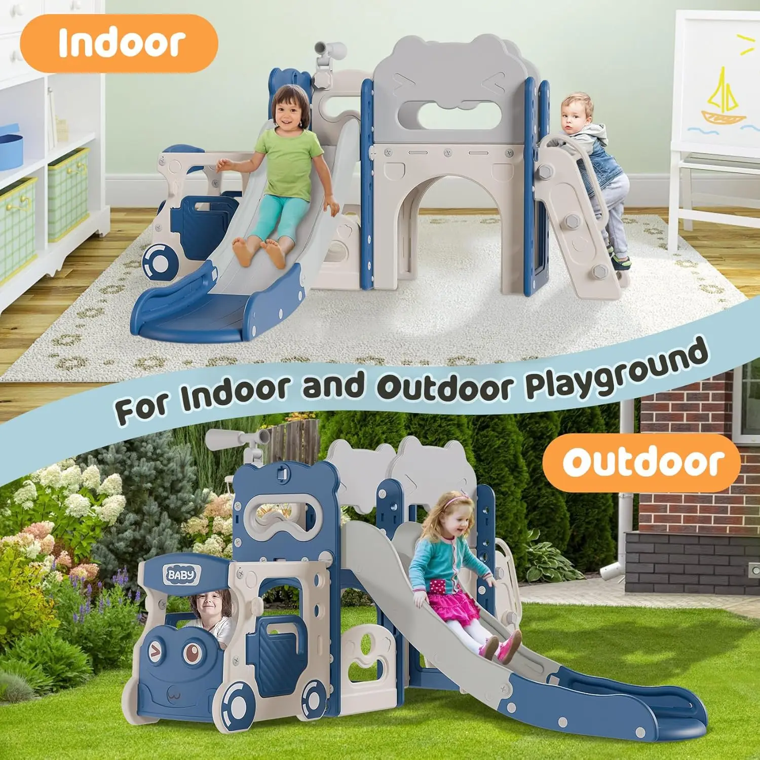 9 in 1 Kids Indoor Bus Slide for Toddlers 1-3, Baby Indoor Outdoor Slide with Basketball Hoop and Bus Play House,