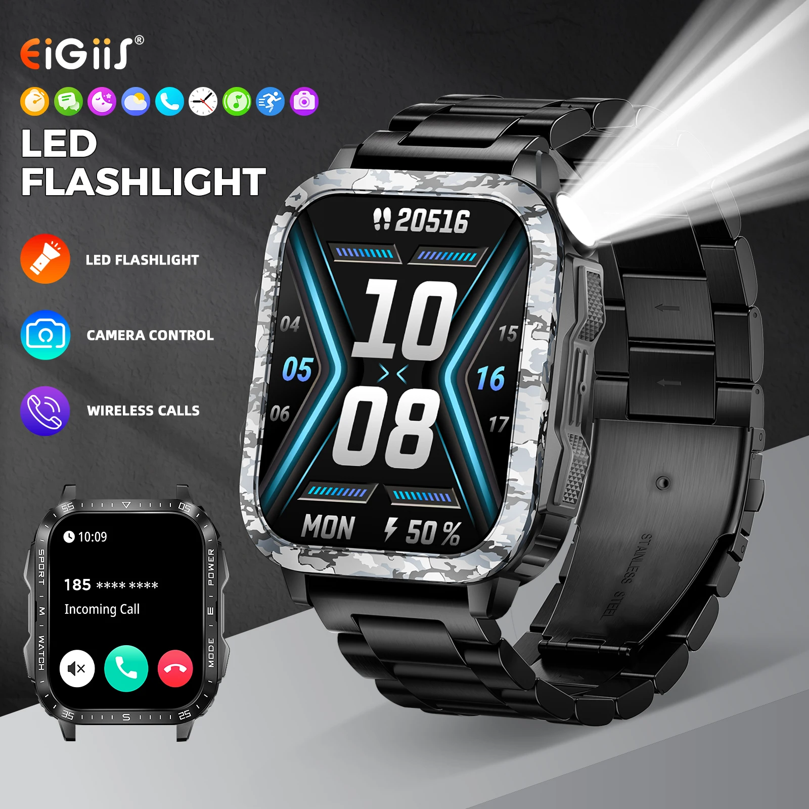 EIGIIS Military SmartWatch for Men with LED Flashlight UV Light HD Outdoor Sports Fitness Tracker Watch Heart Rate Sleep Monitor