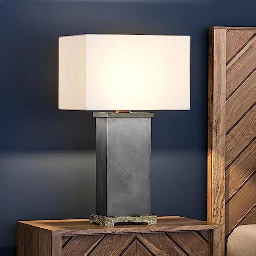 Table Lamp, 16''W x 11''D x 28''H, with Modern-Rustic Elements, Gray Stone Finish and a Taupe Nylon Hardback Shade, UEX7760