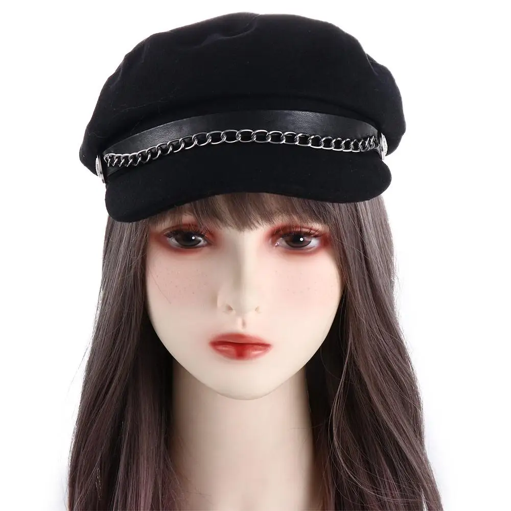 Bérets chauds unisexes, style britannique, chaîne en métal, casquettes de capitaine, streetwear pour femmes, casquettes de marin pour hommes, chapeaux plats de la marine, hiver