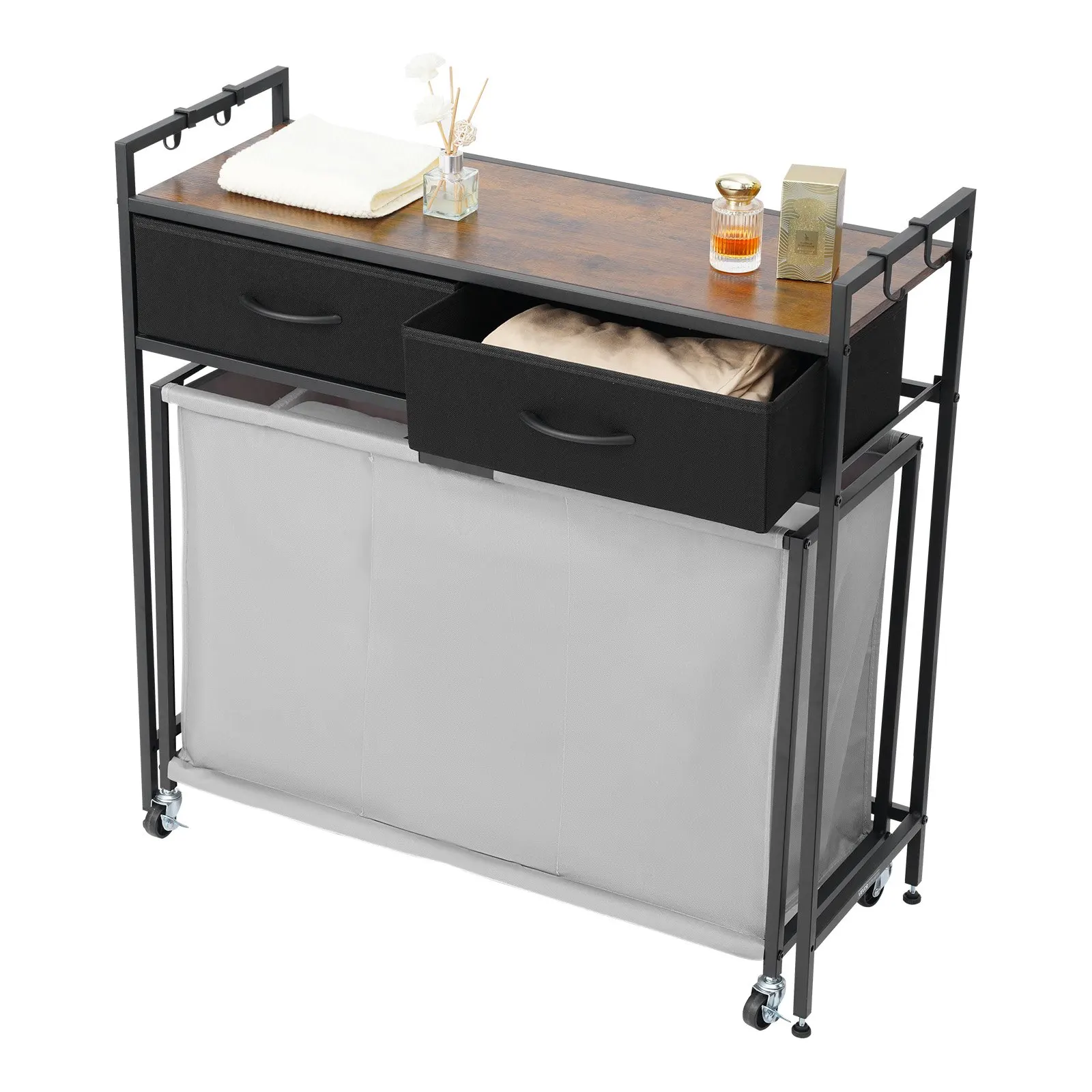 

3 Section Laundry Sorter, Rolling Laundry Hamper With 2 Drawers, Hooks & Wheels, Rolling Basket Organizer Storage With Pull-Out