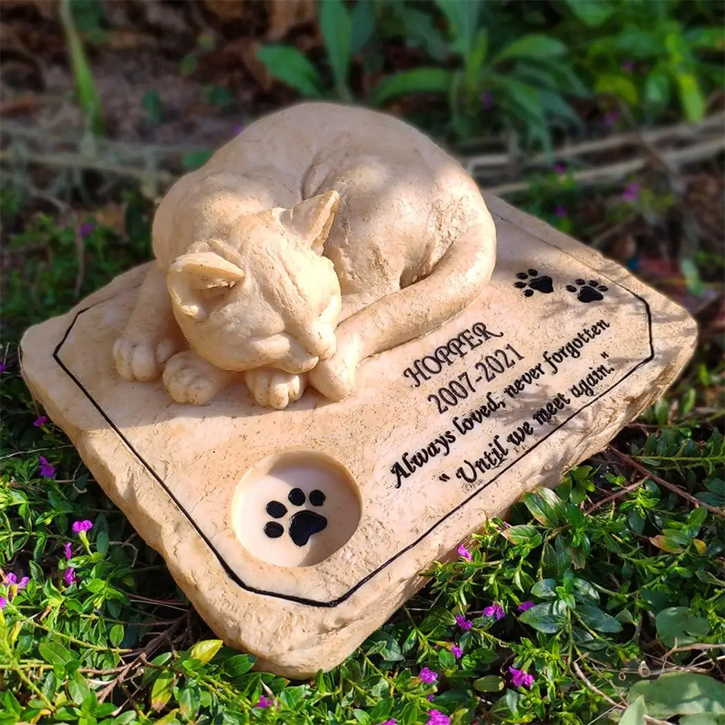 Cat Memorial Stones,Personalized Pet Memorial Stones Grave Markers with A Sleeping Kitten On The Top, 8"×6.5"×3"