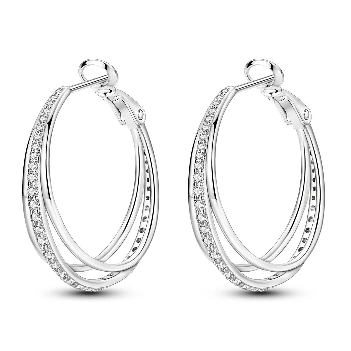 Pendientes de Aro Triple Brillantes de Plata de Ley 925 con Circonitas Cruzadas, Pendientes Grandes para Mujer, Joyería Versátil de Lujo, Regalo