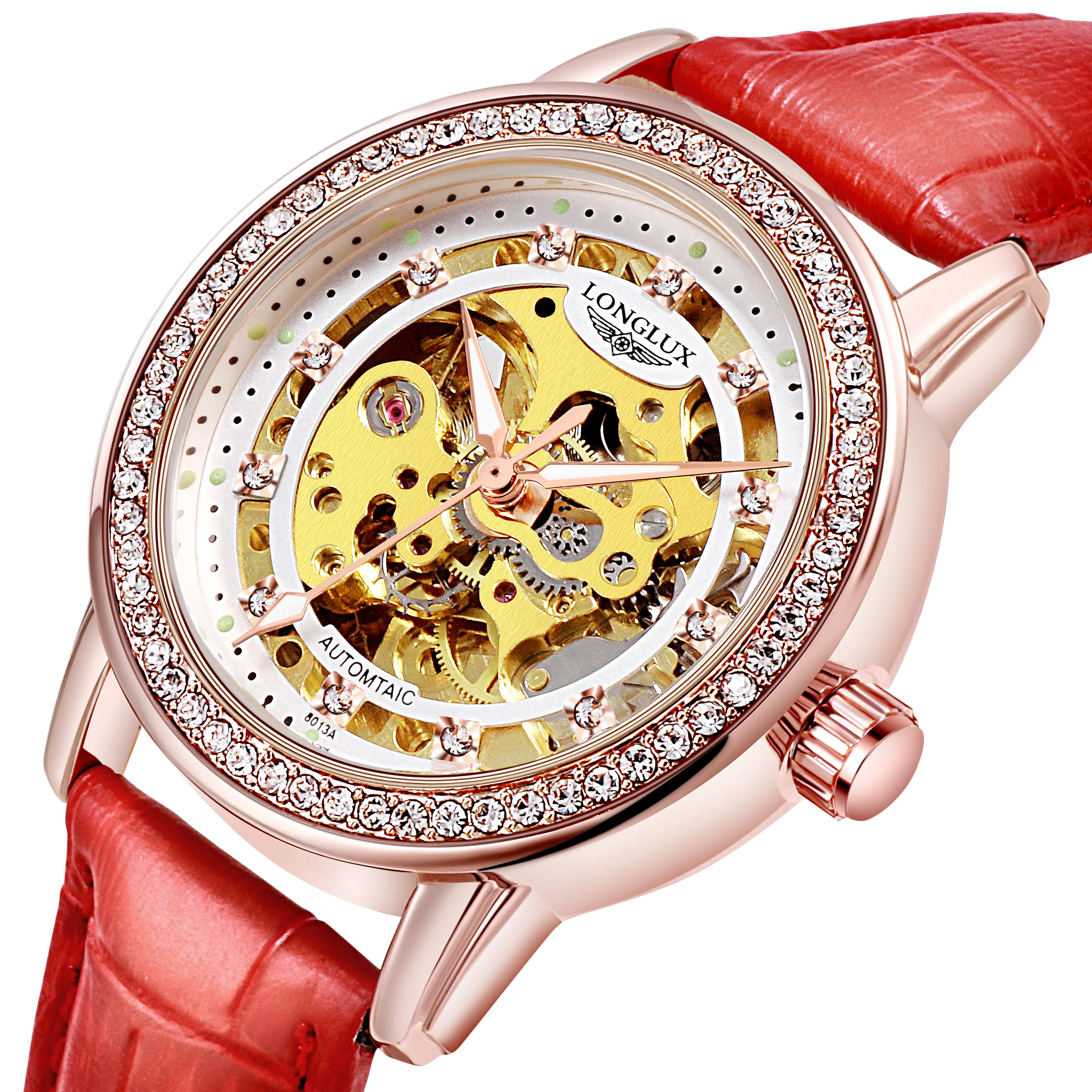 

Женские автоматические часы, элегантные бриллиантовые скелетоны, модные милые механические часы, кожаные изысканные водонепроницаемые роскошные подарки