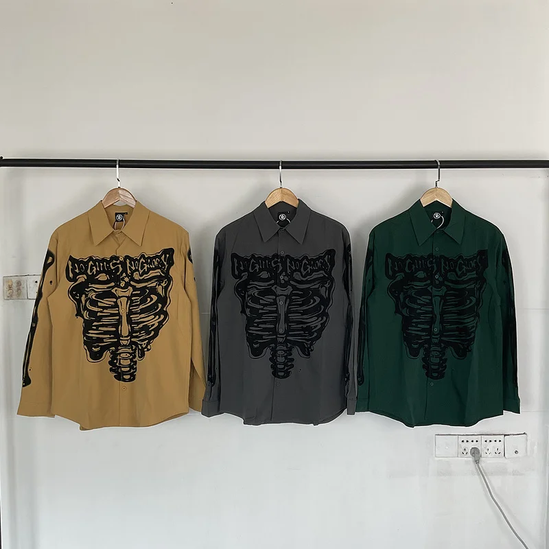 

Мужской повседневный свободный крой со скелетонизированным принтом Street Sle Long Sve irt, не требующий железа, модный бренд в стиле хип-хоп, тренд High Street