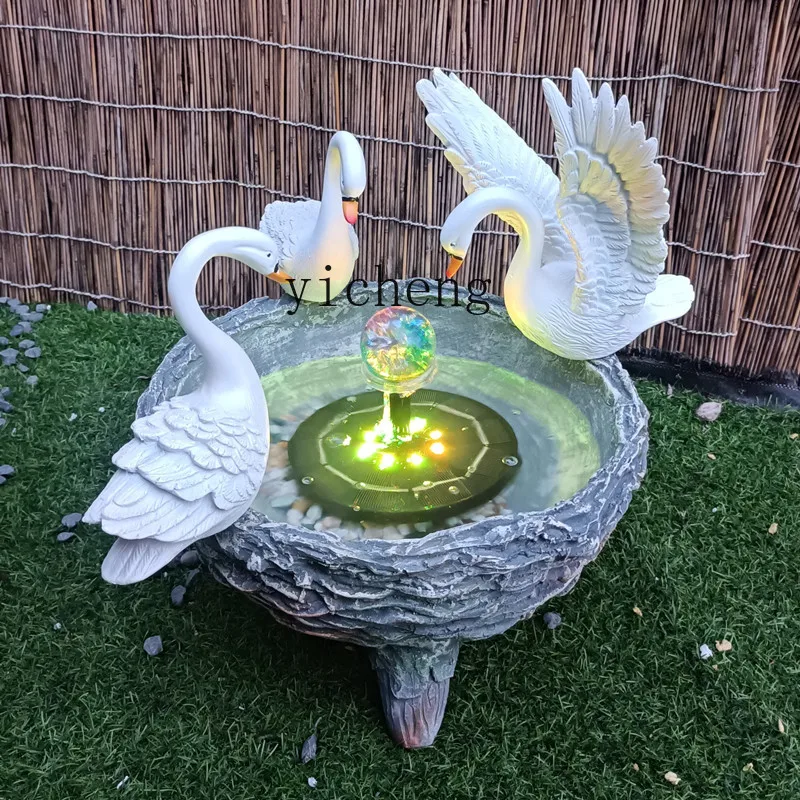 RWJ Decoration Swan Flower Pot Landscape Arrangement Solar Fountain Landscape