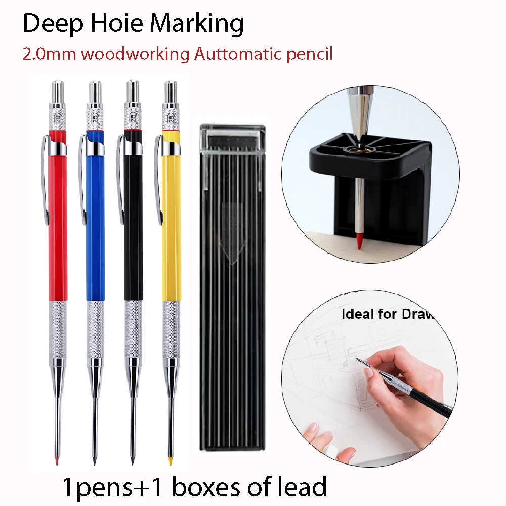 

2mm Mechanical Woodworking Pencil Set with 12 Pen Cores, Woodworking Marking Tool Solid Deep Hole Construction Pencil