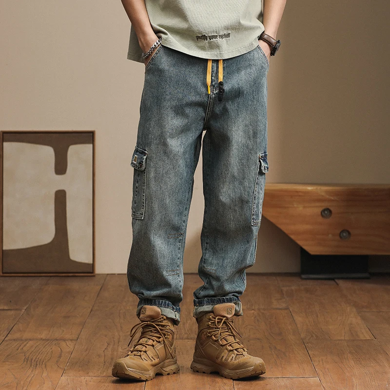 

American casual jeans men's retro multi pocket loose Harem pants Distressed patchwork versatile long pants baggy jeans for men