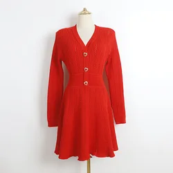 Luxury Heart Shape Button Knitted Sweater Short Dress Women's 2025 Sping Full Long Sleeve Pleated Evening Robe Party Dresses