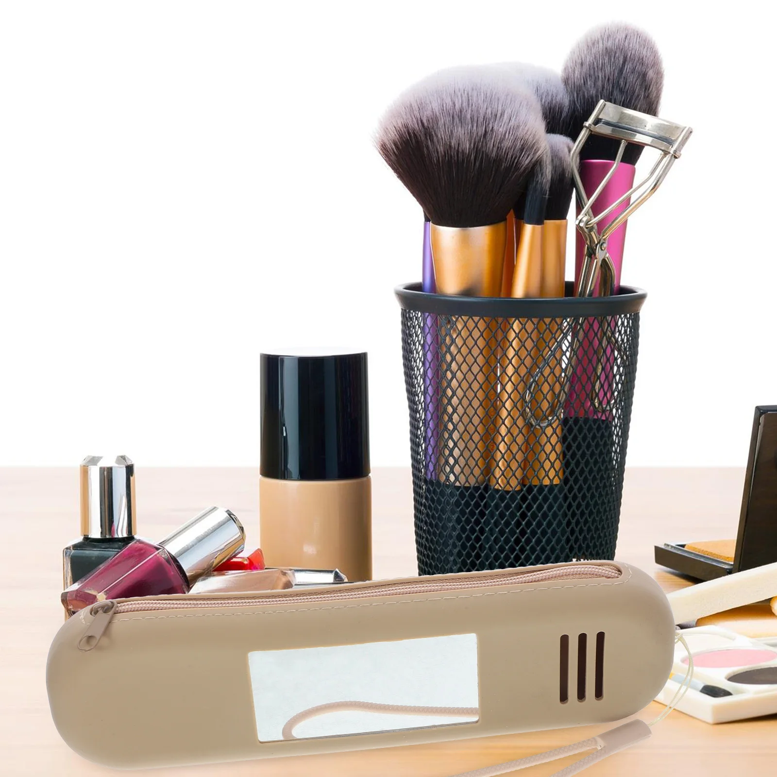 Porta pennelli per trucco in silicone Borsa portaoggetti portatile Organizzatore per strumenti per trucco da viaggio Contenitore per pennelli con specchio