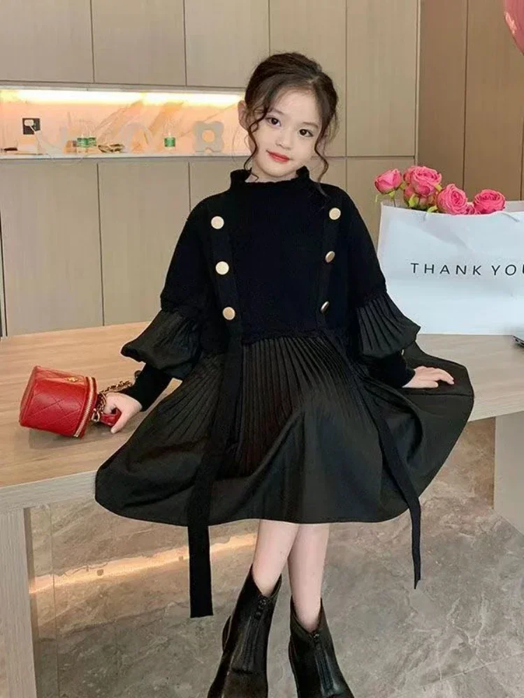 

2024 Spring and Autumn New Girls' Dress Children's Clothing Black Design Sense Spliced Knitted Pleated Skirt