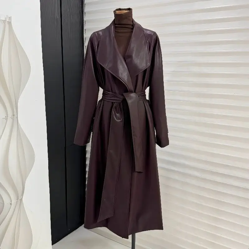 Women's Long Leather Trench Coat Lapel Belt Soft PU Leather Overcoat Outerwear Women's Fitted Waist Knee-Length Trench Coat