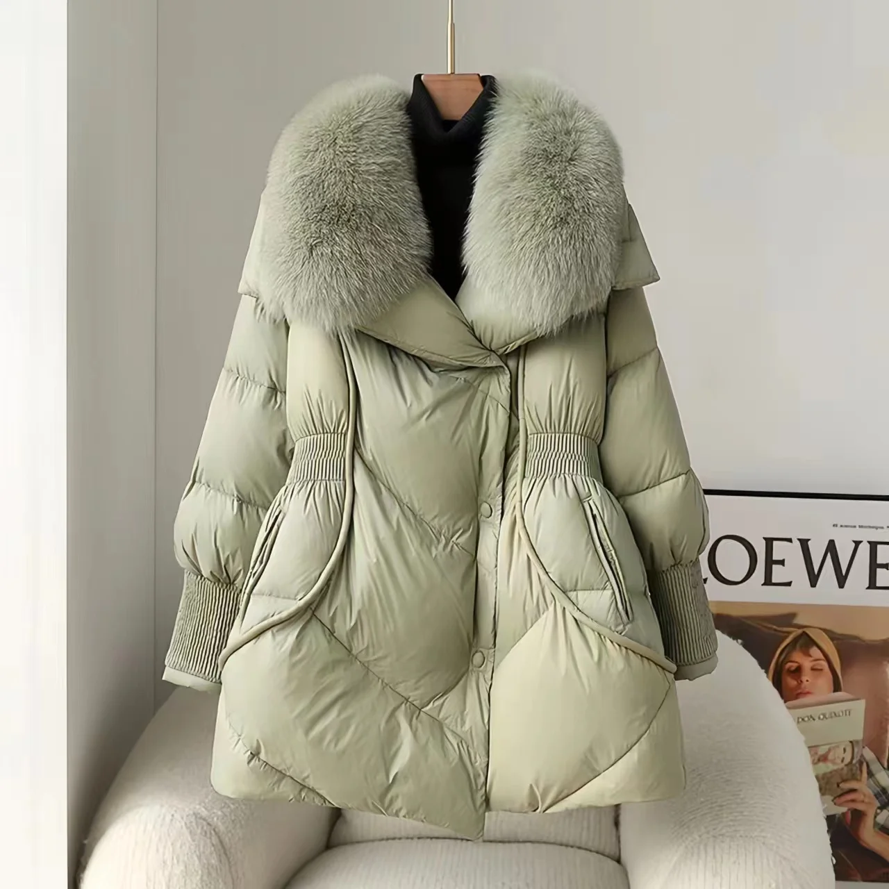 Single Breasted Coat for Women, White Goose Down Jacket,Fox Fur Collar Parkas, Thick Warm Clothing, Loose,Winter,New