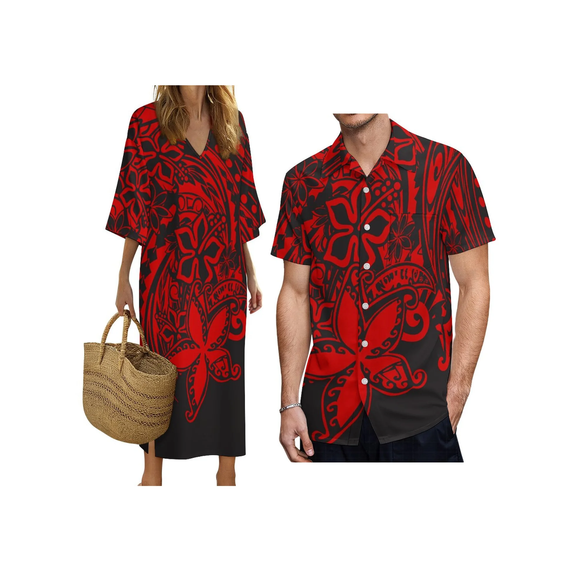 プリントオンデマンドの新しいポリネシアンアイランドデザインVネックレディースドレスとアロハメンズ半袖シャツのカップル服