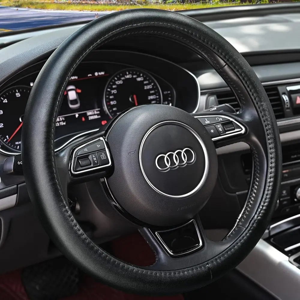 

Heavy Duty e Cowhide Steering Wheel Cover, Black Genuine Leather Steering Wheel Cover Men Women Unil 14.5 to 15 Inch