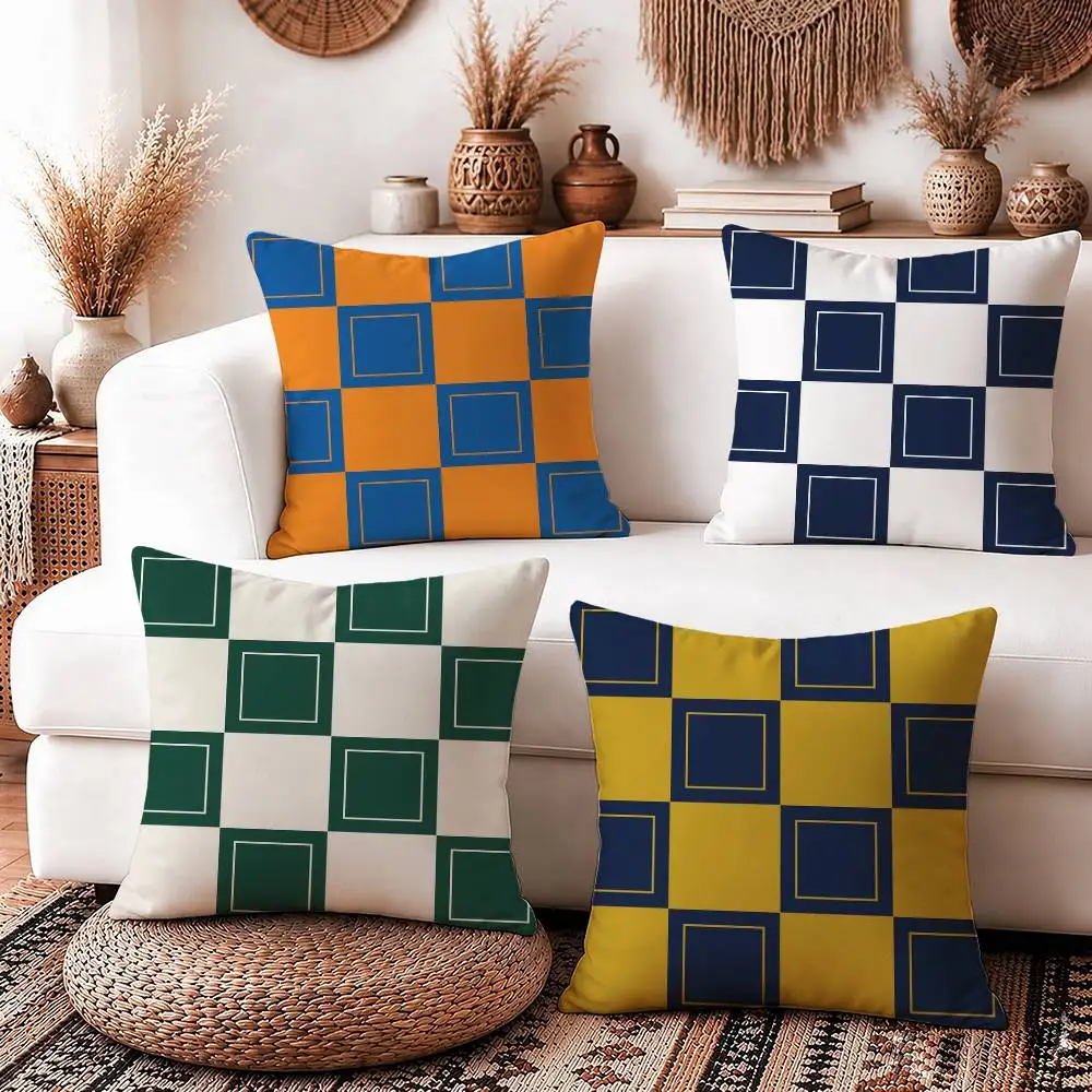 Minimalist Square Frame Check Square Sofa Pillow Cover Solid Color Living Room Home Decor Cushion Case