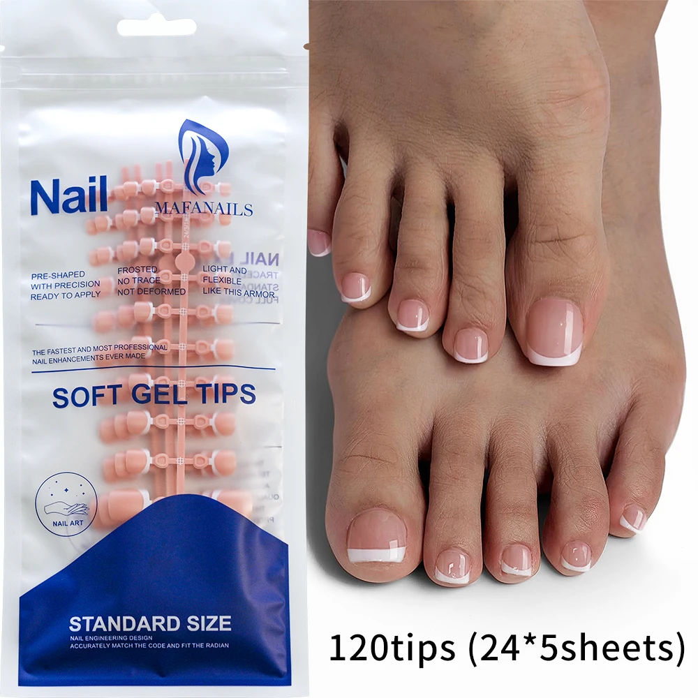 120 Stück kurze, quadratische, künstliche Zehennägel, rosa, französisches weiches Gel, zum Aufdrücken von Zehennägeln, weißer Rand, künstliche Zehennägel, vollständige Abdeckung, Zehennagelspitze