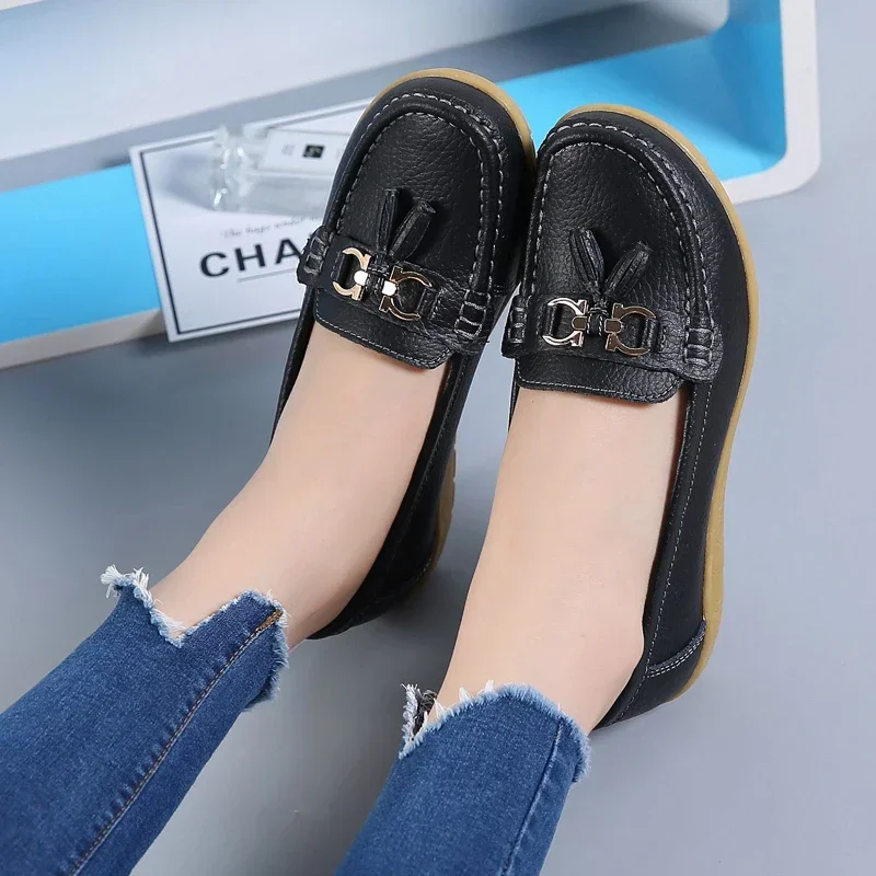 Spring Summer Breathable Casual Loafers For Women Platform Leather Comfort Wedge Moccasins Ladies Vulcanized Sneakers 44