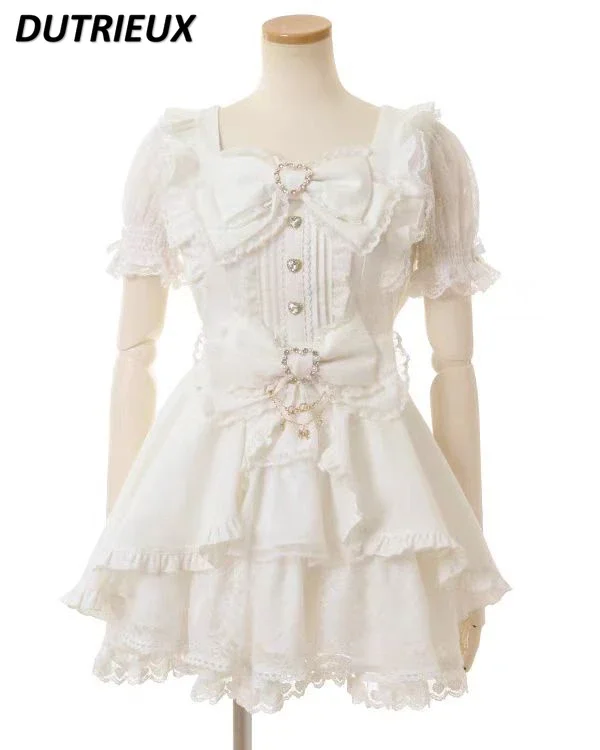 2025 NUOVO abito slim fit a maniche corte con scollo quadrato Ragazza carina giapponese Dolce fiocco in pizzo con bordo volant Abiti e gonna base