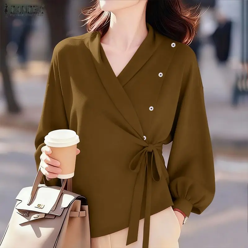 بلوزة نسائية للمكتب من ZANZEA قميص خريف وربيع 2025 أنيق بياقة على شكل V وأكمام طويلة بلوزات متينة برباط علوي بلوزات نسائية