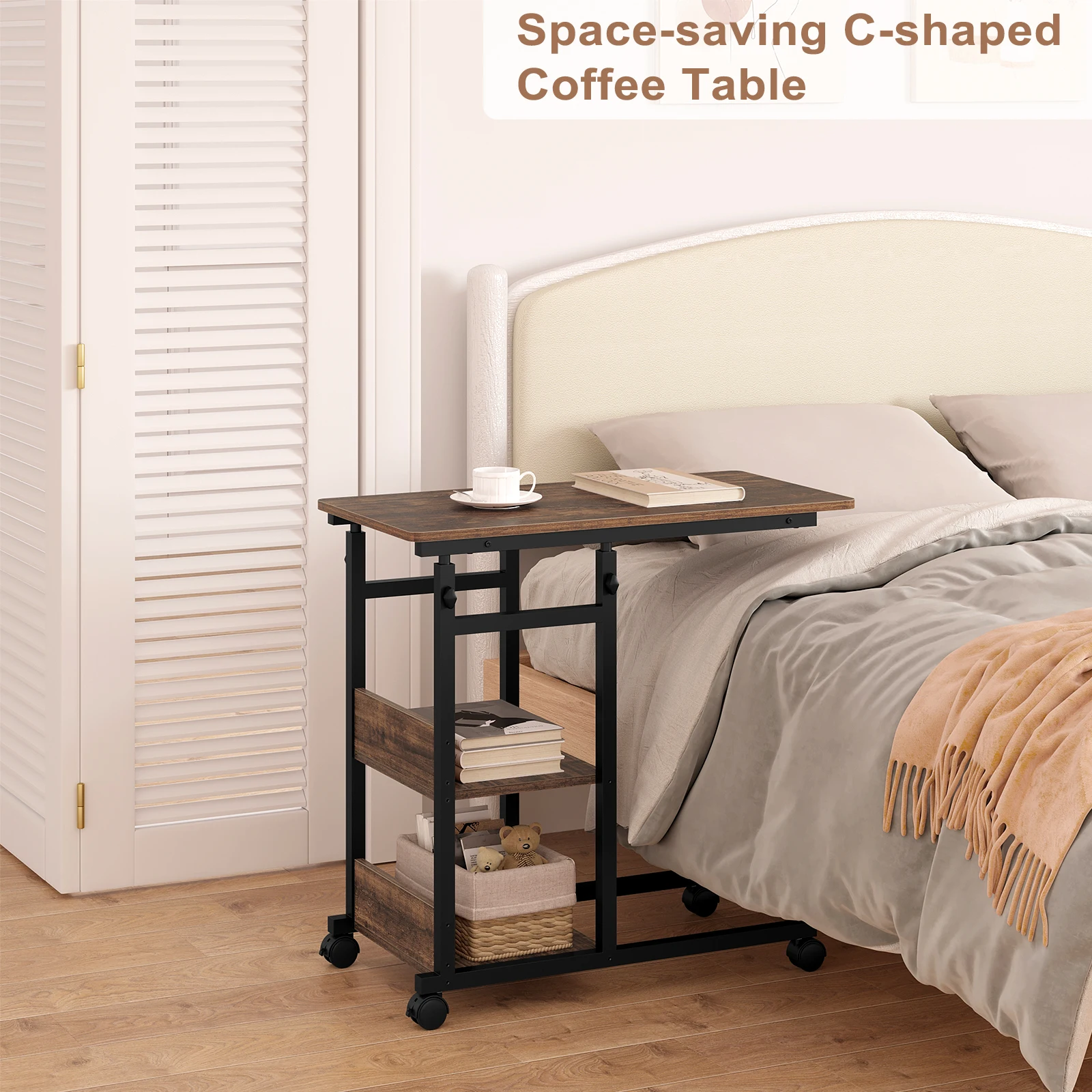 WOLTU Couchtisch, Beistelltisch, Bett-Sofa-Laptoptisch, C-förmig, höhenverstellbar, mit Rollen, Beistelltisch für Wohnzimmer, Schlafzimmer – Detail 10