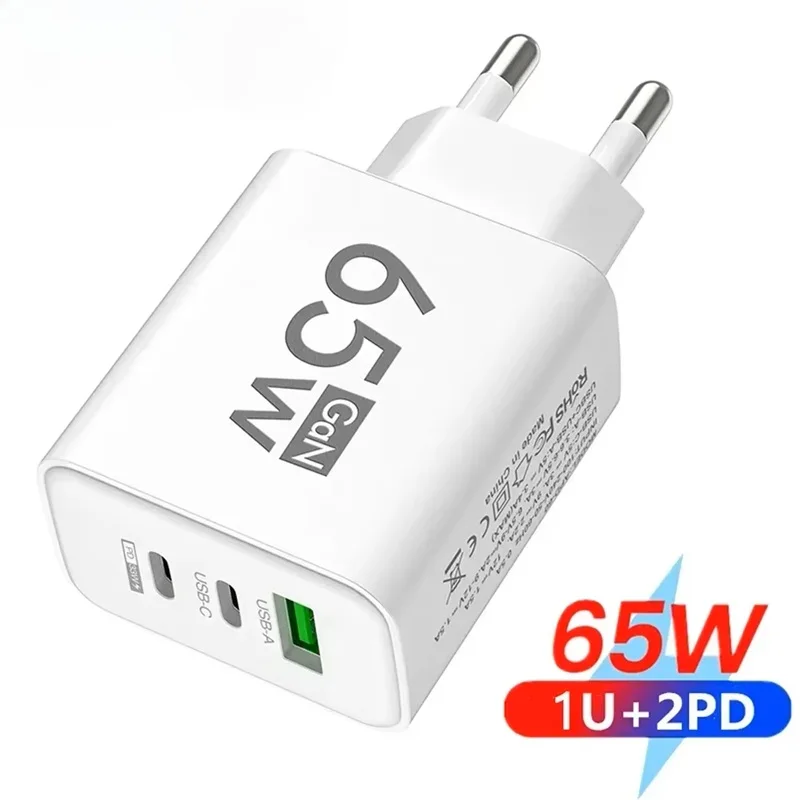 65 واط GaN USB PD شاحن شحن سريع نوع C محول الهاتف شحن سريع 3.0 آيفون 15 14 سامسونج شاومي 3 منافذ شاحن سريع
