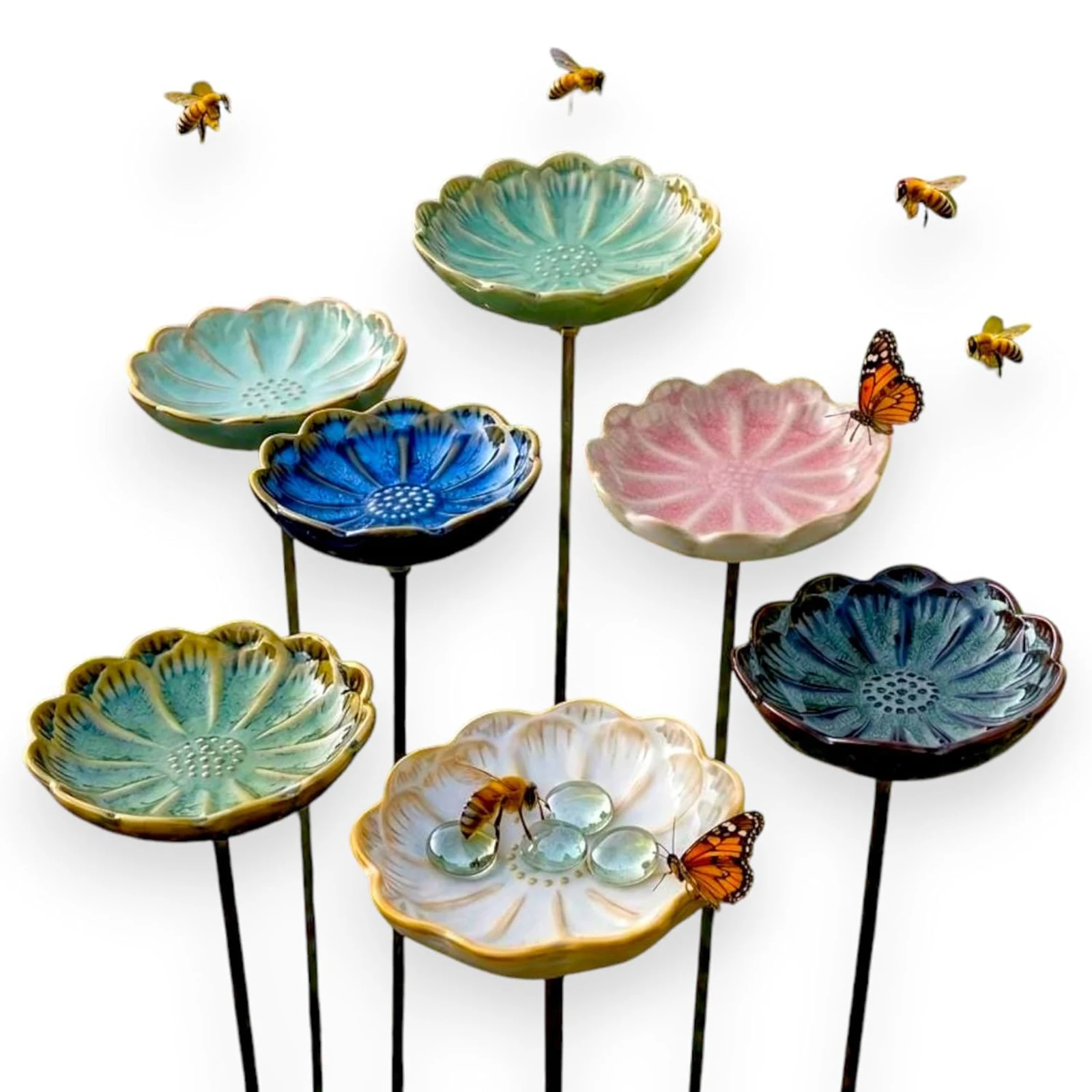 Outdoor Garden Decor Ceramic Bee Butterfly Drinker Flower Shallow Bowl Stake Pollinator Water Feeder