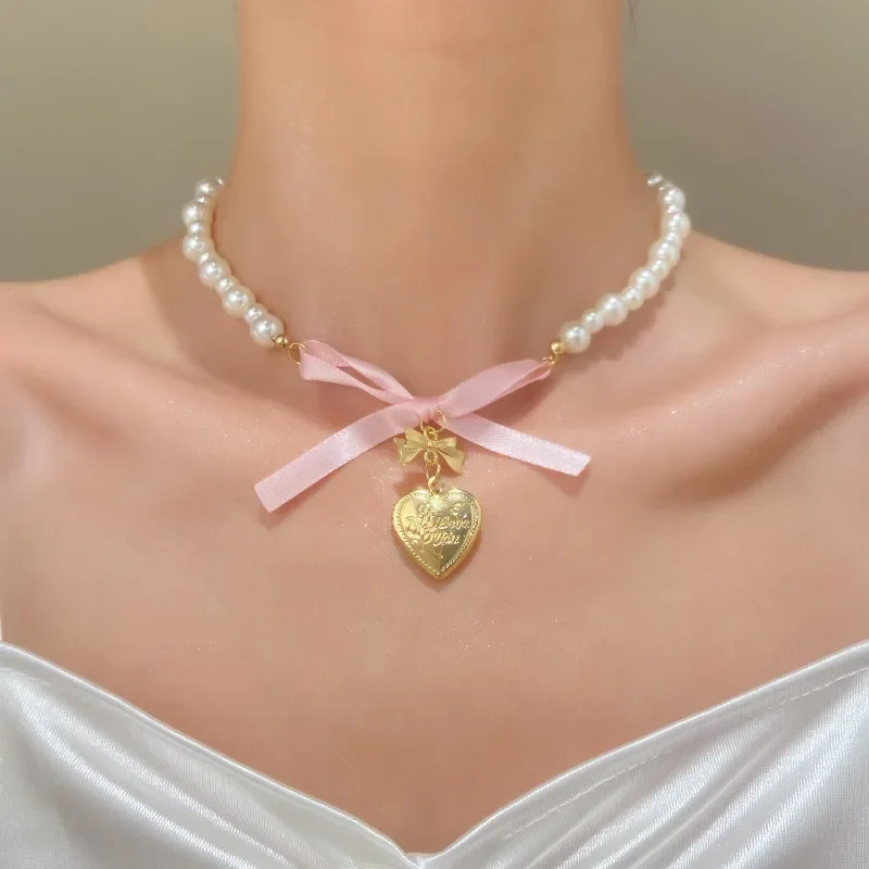 2024 New French Romantic Pink Bow Love Pendant Pearl Necklace Female Sweet and Pure Desire Neckchain Collar Chain Female