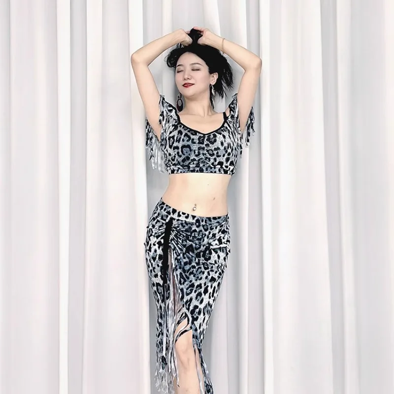 customized belly dance practice outfit handmade shredded tassel split set inspired fusion wind gray leopard print diagonal skirt
