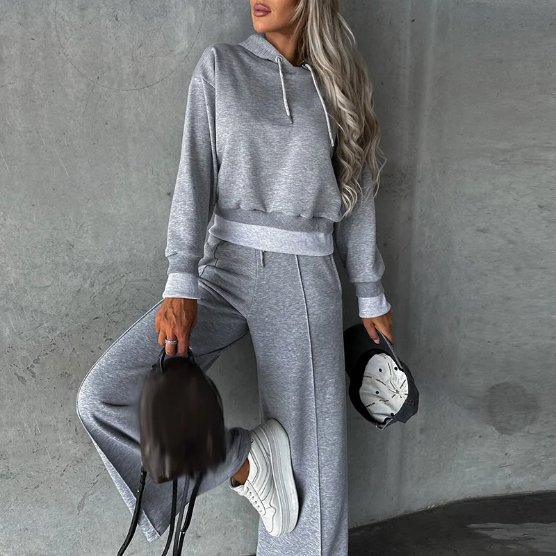 Fashion Comfortable Hooded Women Tracksuit 2Pc Set Casual Street Solid Simple Suits New Loose Hoodie Straight Long Pants Outfits