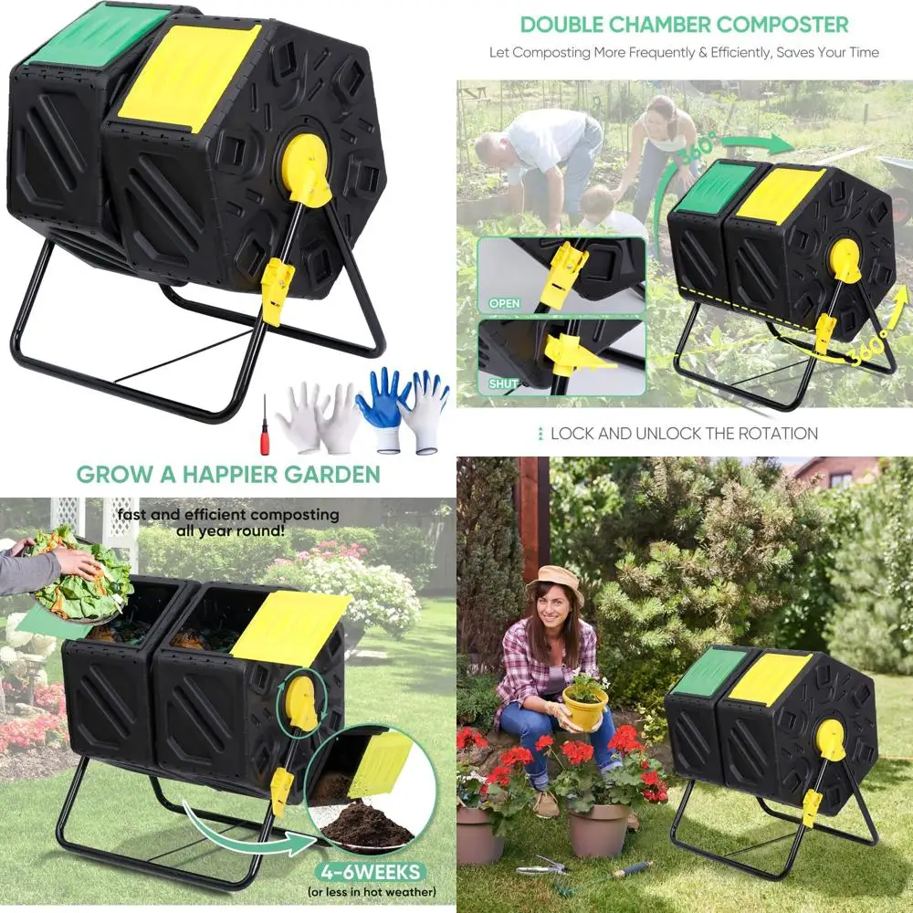 

Dual Chamber Rotating Compost Tumbler with Two Sliding Doors for Year-Round Garden Use