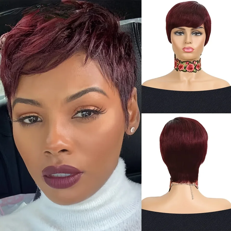 Sale 99J Pixie Cut Human Hair Short Layered Wigs for Women Right Side Long Bangs Wavy Hairstyle Machine Made Wig Burgundy Red C