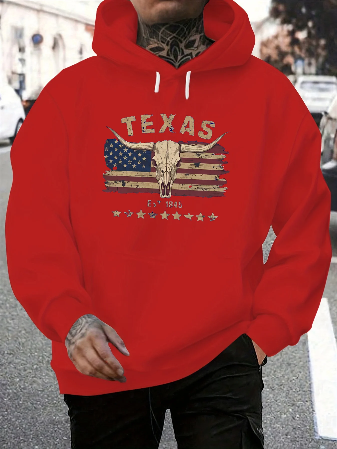 Outono e inverno masculino casual solto moletom com capuz com texas longhorned vaca crânio padrão manga comprida pulôver quente