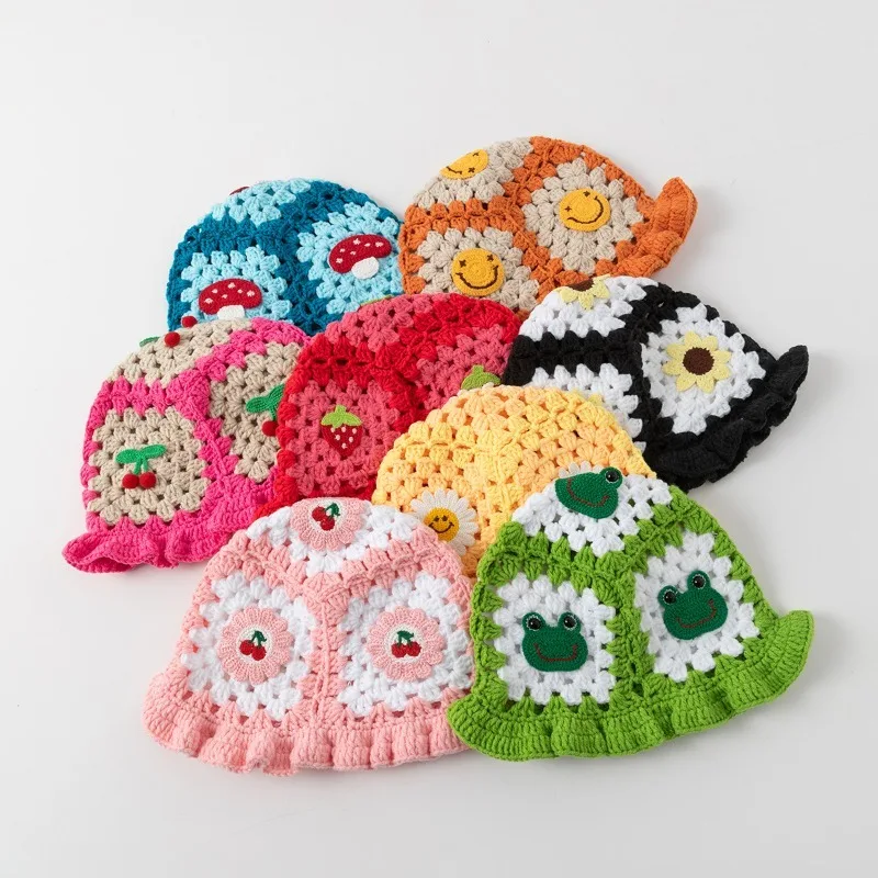 Knitted Ruffled Fisherman Hat with Sweet Strawberry and Cute Frog Cartoon Pattern, Hand Crocheted Hollow Yarn Hat