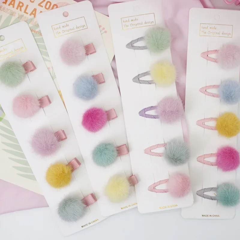 Oaoleer 5cs/lot Pompom Baby Hair Clips Lovely Fur Hairpins Barrettes Set For Baby Girls Kids Fashion Ball Hairgrips Accessories