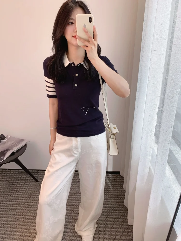 

Элитная шерстяная вязаная футболка с коротким рукавом для женщин, летняя повседневная, в университетском стиле, с принтом, приталенная, в британском школьном стиле