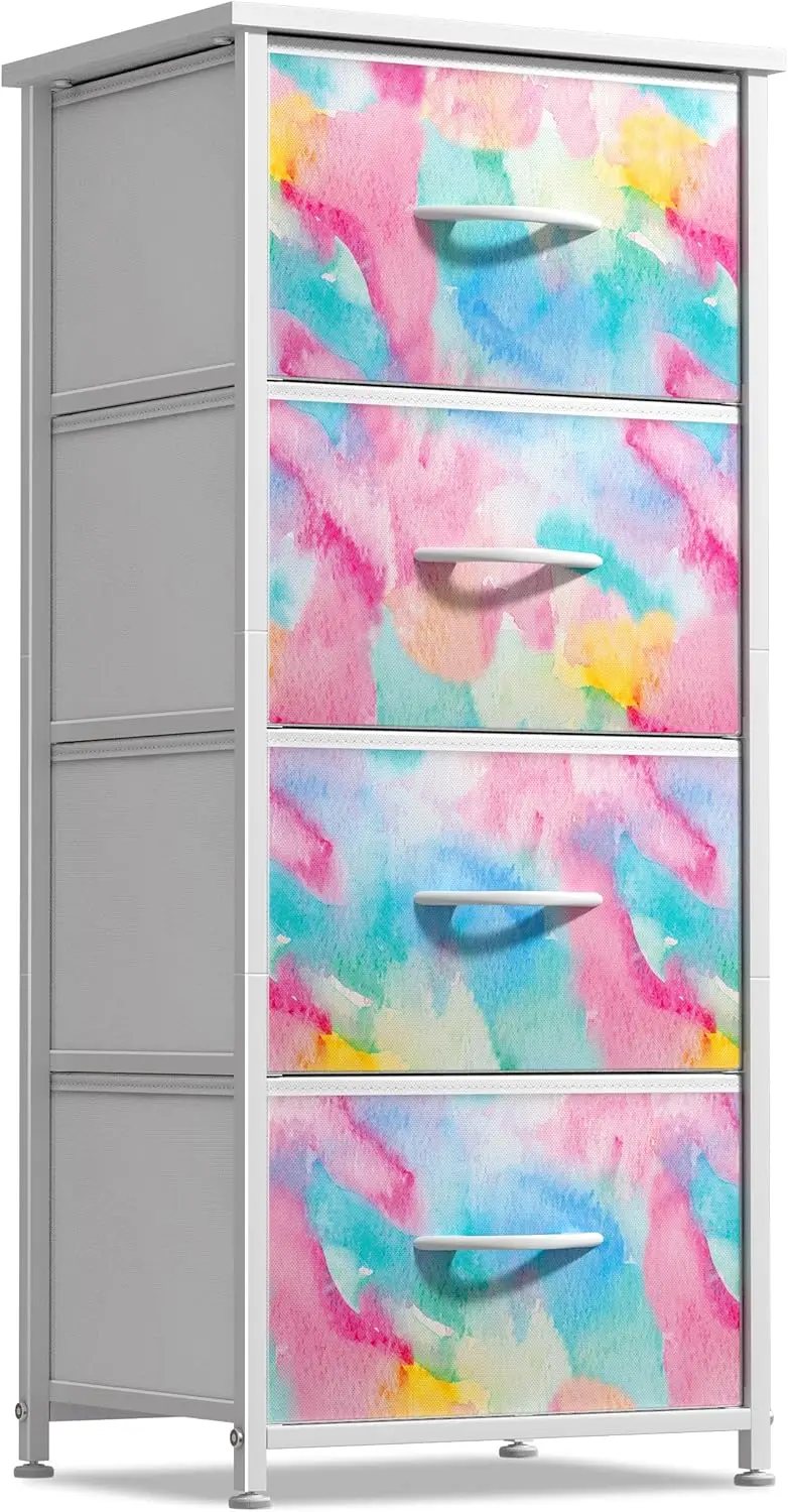 

Kids Dresser with 4 Drawers - Storage Organizer Nightstand - Steel Frame, Wood Top, Tie-Dye Fabric Bins for Clothes