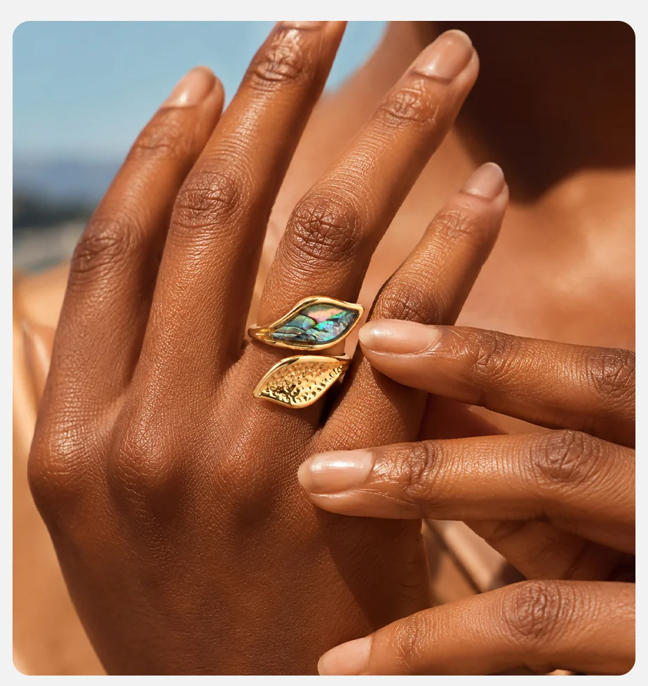 Vnox Mehrstiliger Unregelmäßiger Geometrischer Abalone-Muschel Offener Ring für Frauen, Goldfarben, Edelstahl, Boho-Strandschmuck – Detail 2