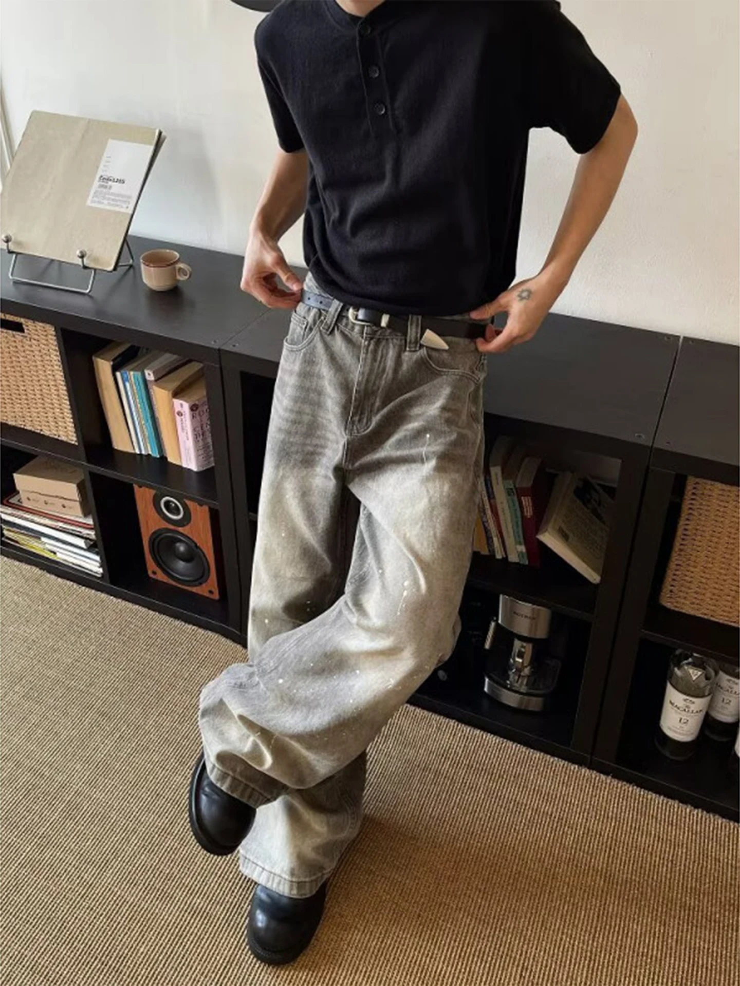 

e ey Splatter Denim Jeans Men's Straight Leg Wide Leg Pants Cleanfit Design American Sle Casual Straight Cut Trousers