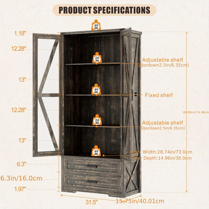 Custom.68 Tall Farmhouse Storage Cabinet with Adjustable Shelves, Large Wood Kitchen Pantry with Acrylic & Drawers, LED D