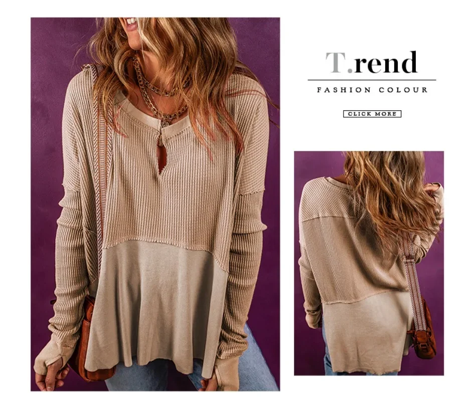 2024 neue Damen Waffel halboffenen Kragen Pullover Patchwork Langarm Sweatshirts für Frauen lose lässige Tops nasy0006