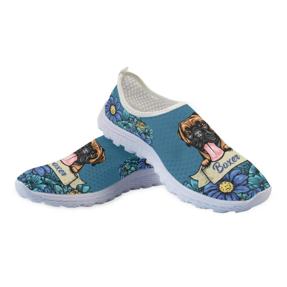 INSTANTARTS Lovely Boxer Dog Print Slip-on Mesh Shoes Custom Personalized Flats for Dog Lovers Floral Light Loafers for Mom Gift
