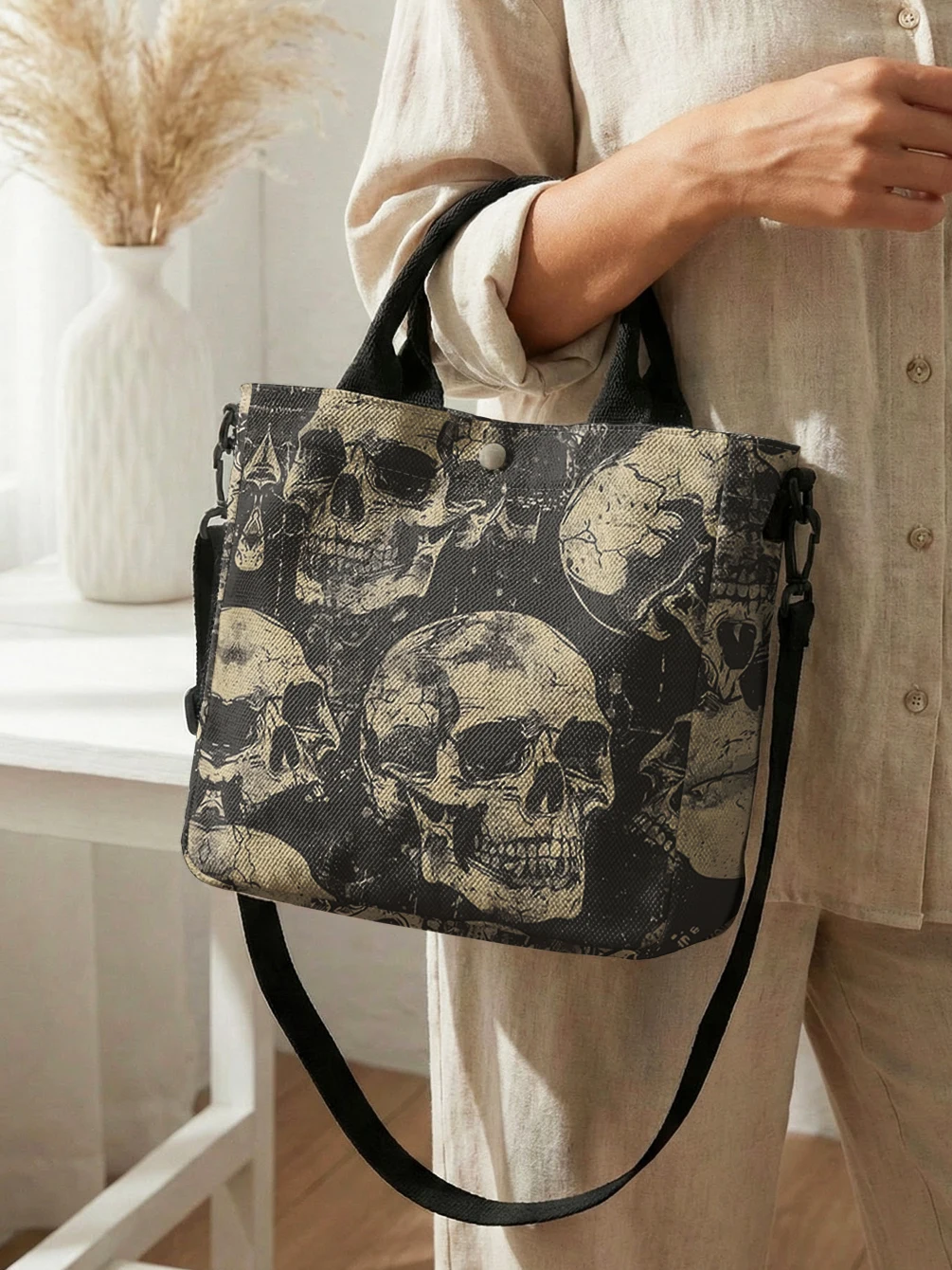 Vintage Distressed Skull Print Tote Bag Detachable Strap Crossbody Handbag For Women Daily Shopping image 3