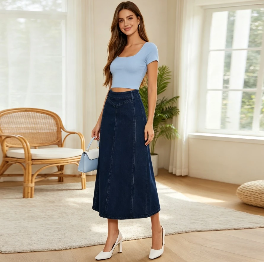 Skirts Women Mid Length Skirt Vintage Washed Plain A Line Slim Fit Elegant Splice Zipper Y2k Streetwear Work Dailywear Spring