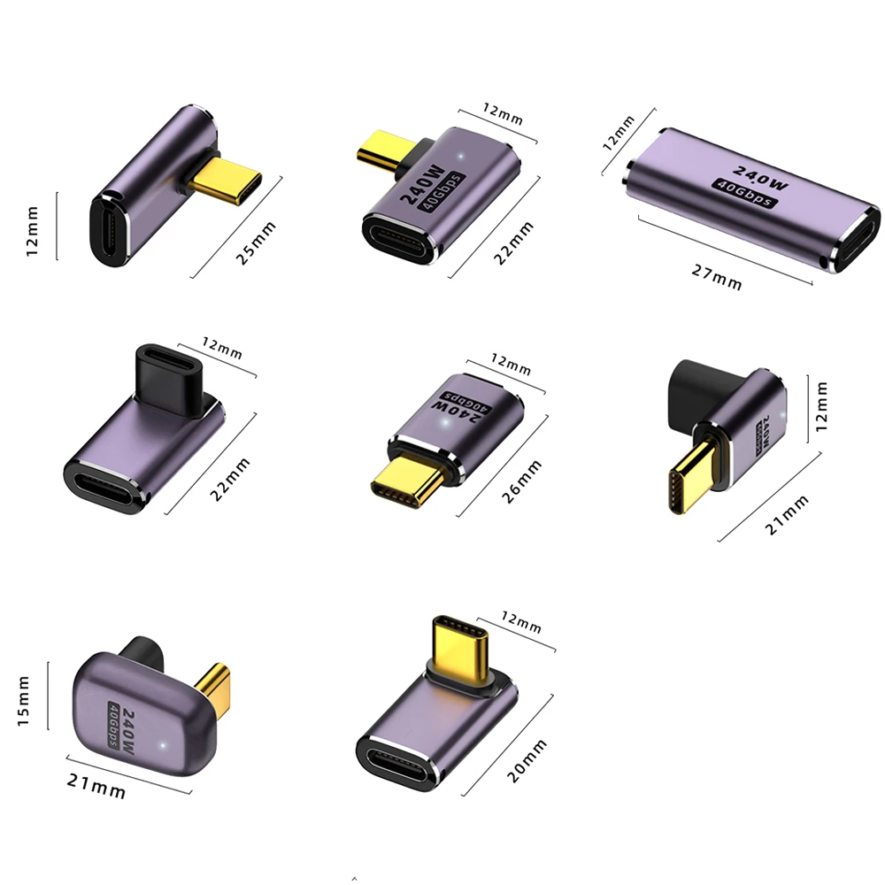 5A Type-C OTG Adapter 240W Fast Charging Data Converter USB4.0 40Gbps Support 8K 60Hz USB C 90/180 Degree Elbow Adapter