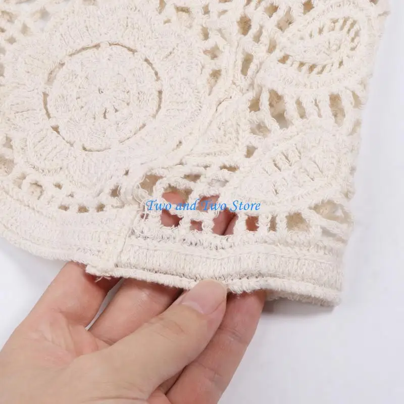 

HX6F Women Hollow Out Crochet V-Neck Vest Cardigan French Knit Geometric Floral Vintage Loose Button Crop Top Waistcoat