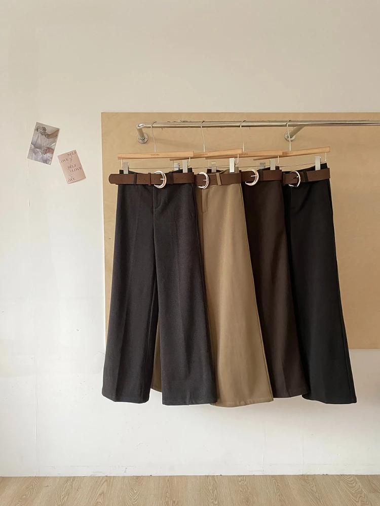 

Простые и универсальные шерстяные повседневные брюки в корейском стиле для женщин, осенние новые свободные широкие брюки с высокой талией, модные
