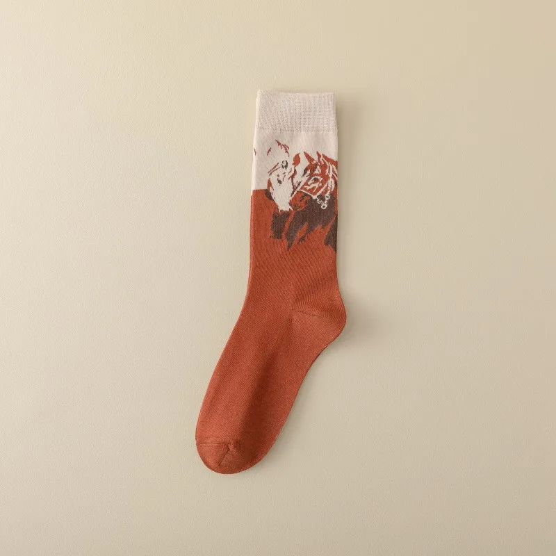 1/5 Pairs Frauen Pferd Druck Retro Mitte Rohr Baumwolle Socken Mode Street Style Schweiß Absorbieren Atmungsaktive Sport Freizeit Socken – Detail 9