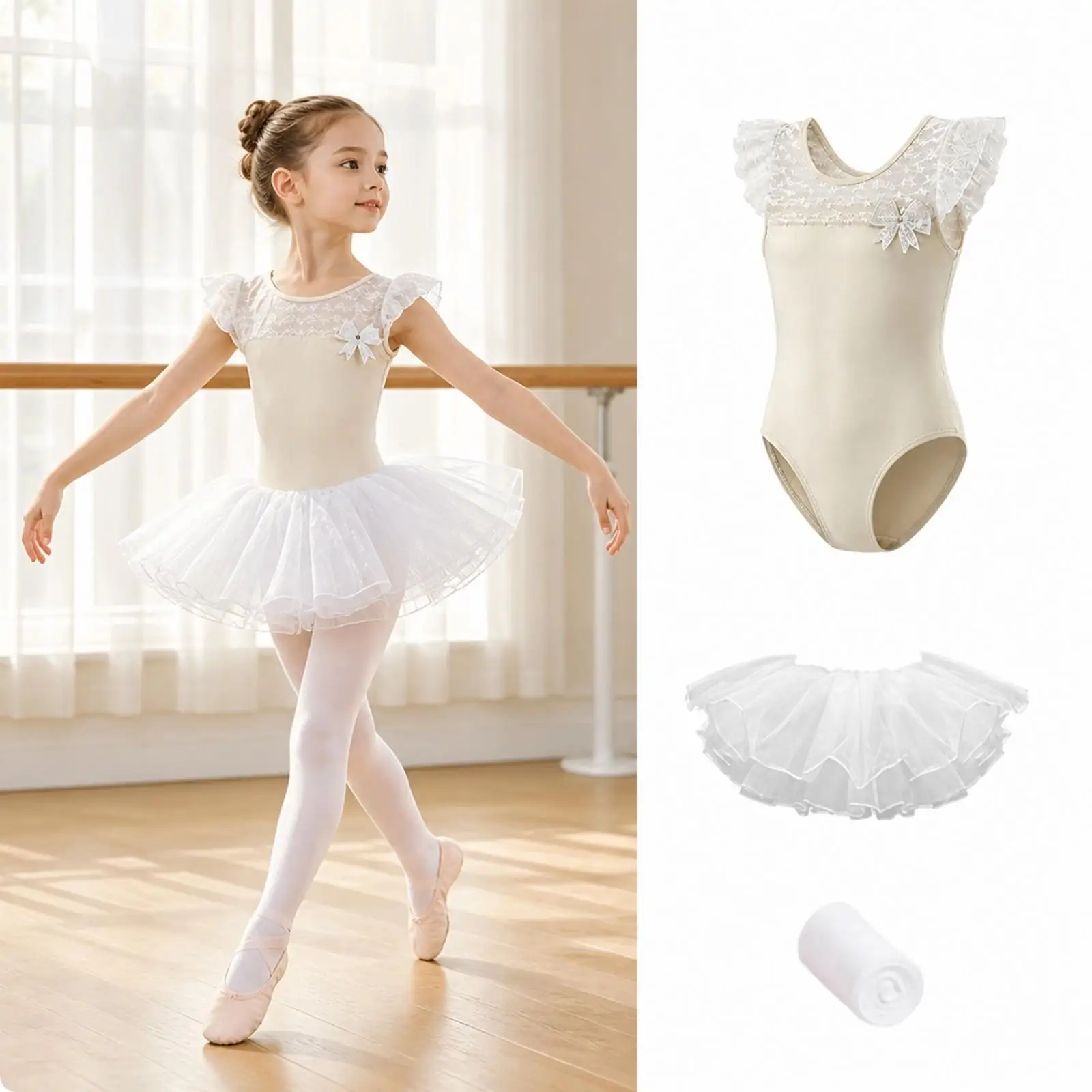 Girls' Ballet Practice Outfit Snap Crotch Dance Bodysuit with Skirt and Tights Ballet Leotard with Skirt and Tights for Stage