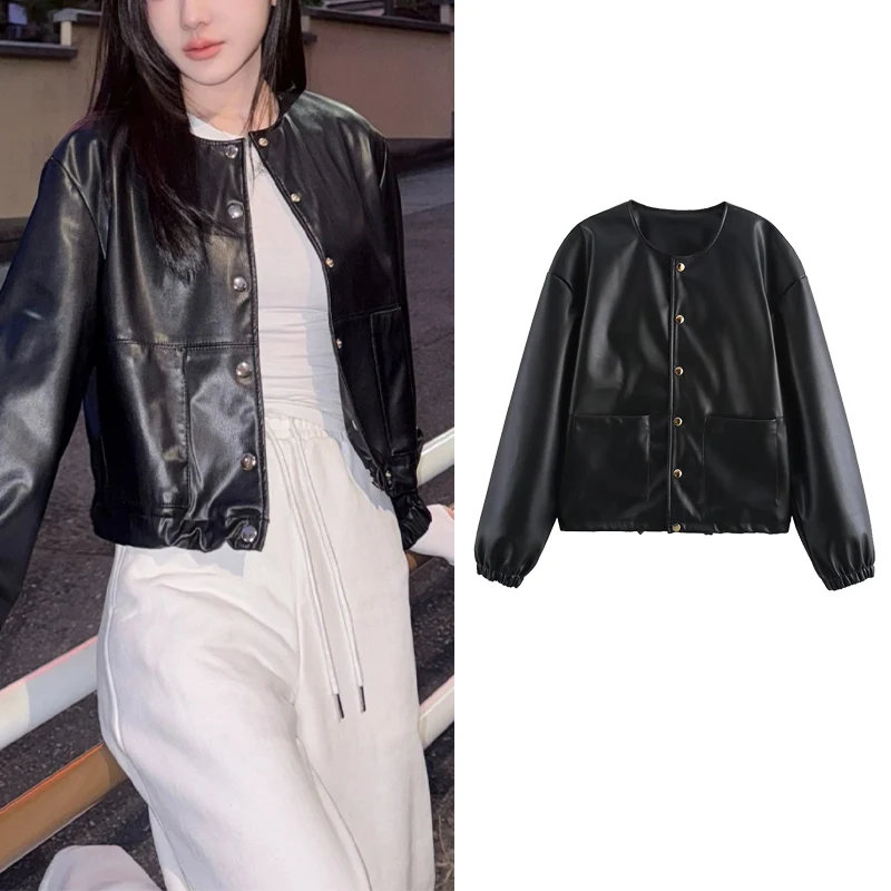 

2025 Fall New Womens Black Faux Leather Cropped Jacket With Gold Buttons Pocket Design Suitable For Daily Street Cool Outfits